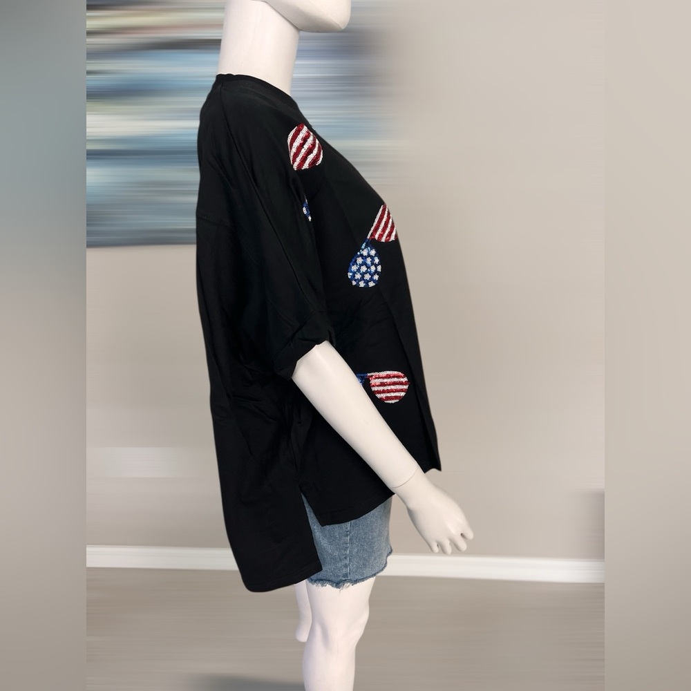 FANTASTIC FAWN patriotic sequin sunglasses  oversized top S M L - Picture 6 of 8